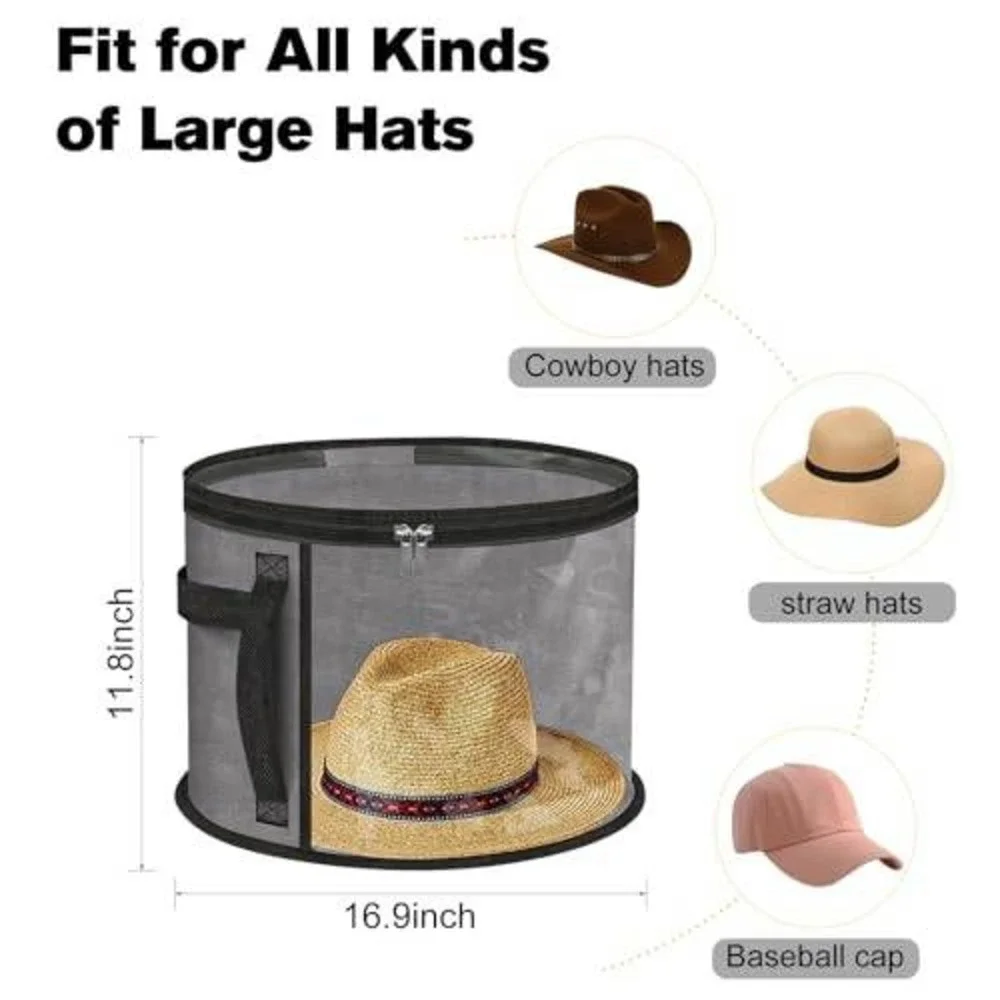 Round Hat Storage Box Clear Front Large Brim Hat Organizer with Handles‎ Gray